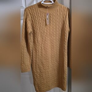 No Boundaries Women's Long Sleeve Cable Knit Dress in Camel